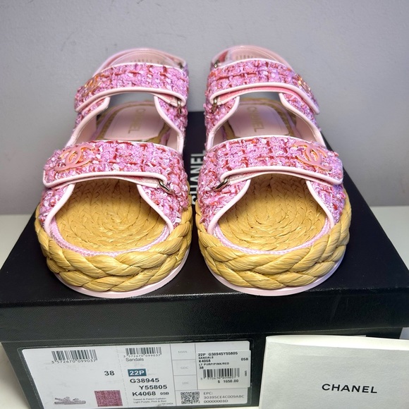 NEW CHANEL 22P DAD SANDALS CC LOGO PINK PURPLE TWEED PAT.LEATHER SZ 38 - Picture 7 of 16